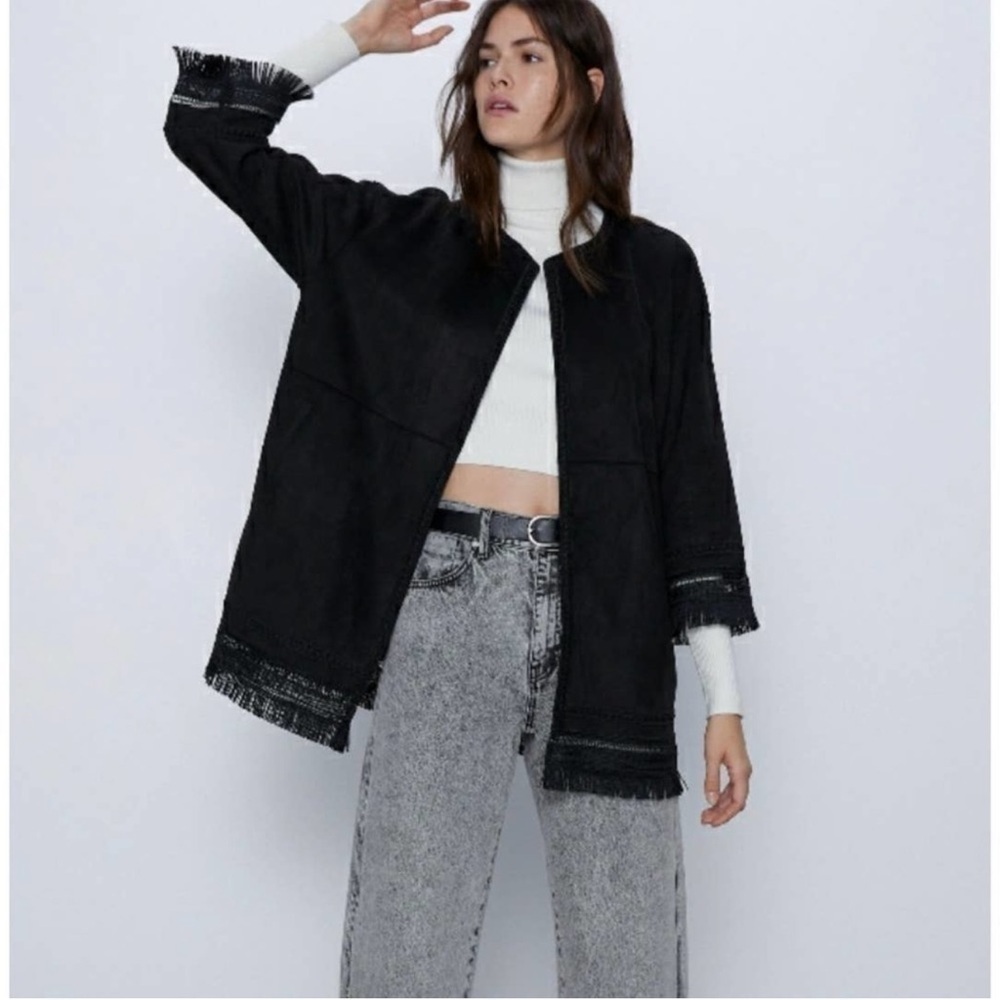 ZARA Faux Suede Fringed Trim Boho Jacket in Black Medium Women’s Festival - Picture 15 of 15